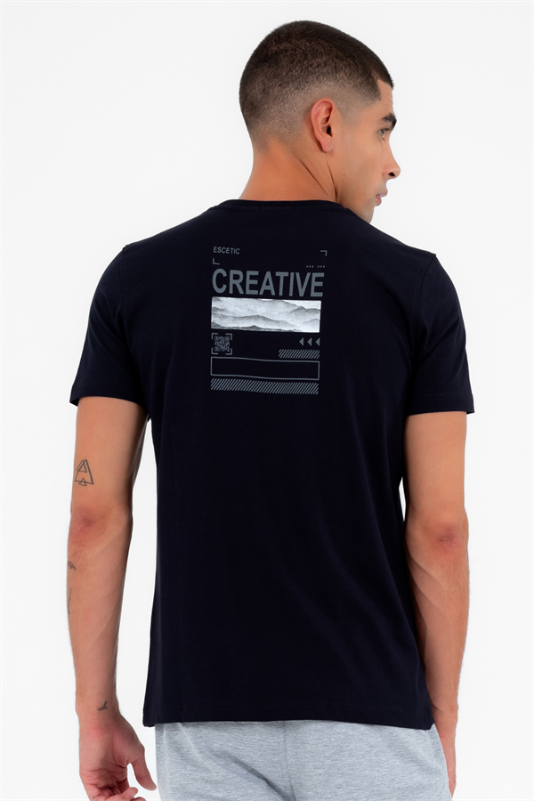 Escetic Erkek Lacivert Spor Simit Yaka Slimfit  Nefes Alabilen %100 Pamuk Süprem Kumaş T-Shirt 0994