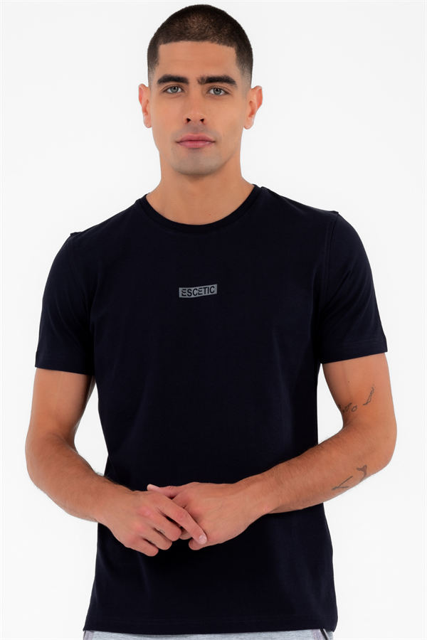 Escetic Erkek Lacivert Spor Simit Yaka Slimfit  Nefes Alabilen %100 Pamuk Süprem Kumaş T-Shirt 0994