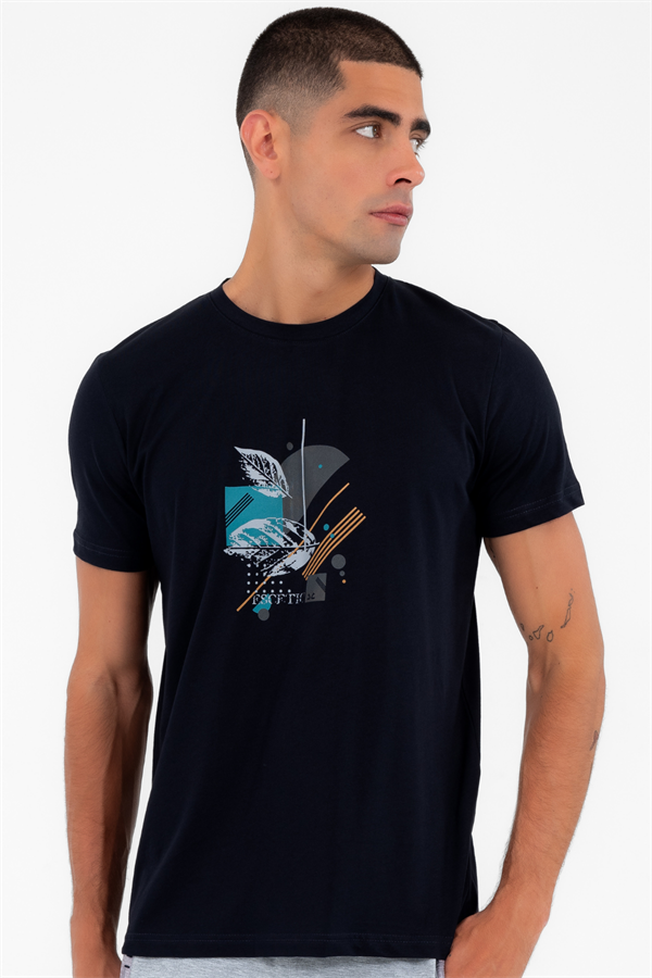 Escetic Erkek Lacivert Spor Simit Yaka Regular Kalıp Nefes Alabilen %100 Pamuk Süprem Kumaş T-Shirt 0999