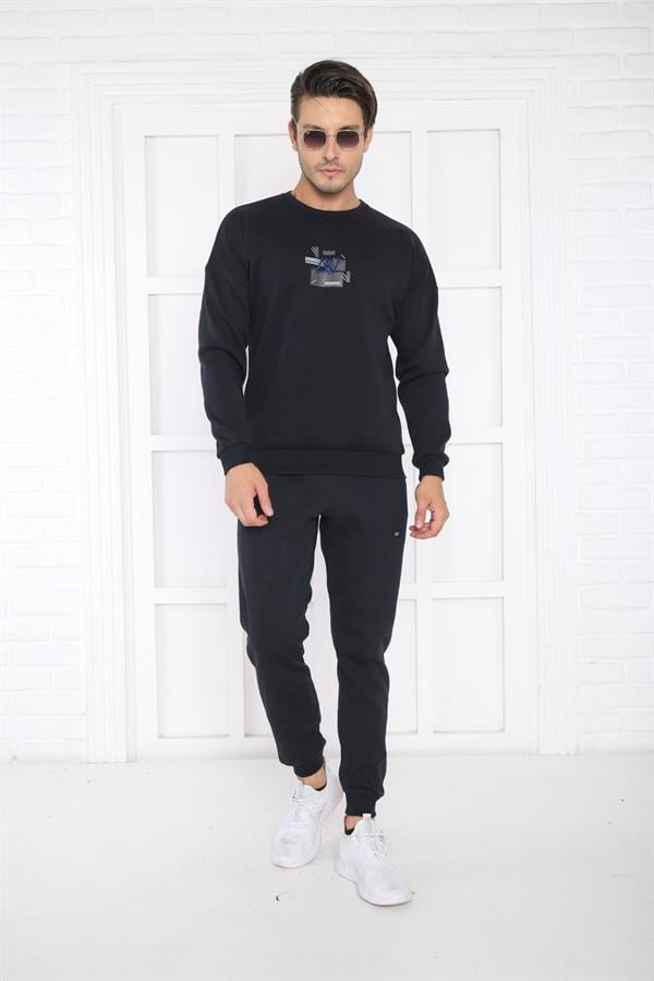 Escetic Lacivert Erkek 3 İplik Şardonlu Nefes Alan Slimfit Sweat Spor Eşofman Takımı 3079