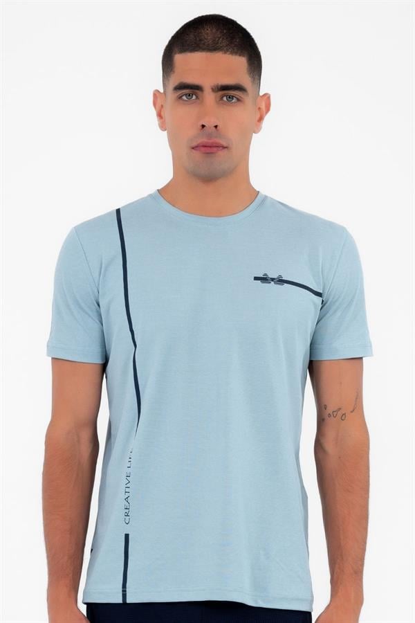 Escetic Erkek Mavi Spor O Yaka Slimfit Nefes Alan Pamuklu Aves Kumaş T-Shirt T0038