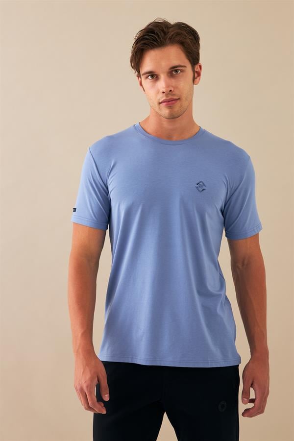 Escetic Erkek Mavi Spor Sıfır Yaka Nefes Alan Penye Modal Kumaş Slimfit T-Shirt T0083