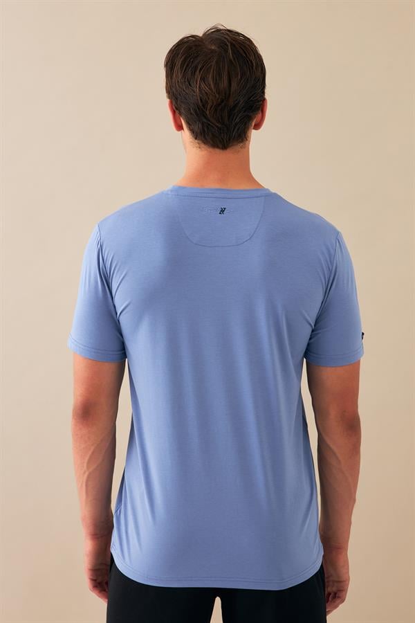 Escetic Erkek Mavi Spor Sıfır Yaka Nefes Alan Penye Modal Kumaş Slimfit T-Shirt T0083