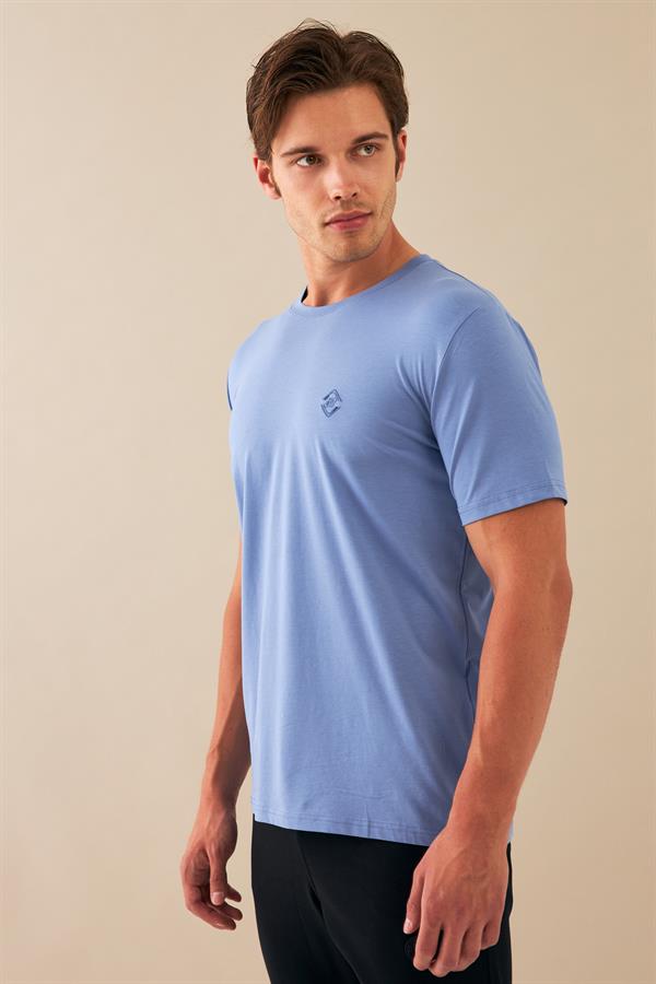 Escetic Erkek Mavi Spor Sıfır Yaka Nefes Alan Penye Modal Kumaş Slimfit T-Shirt T0083