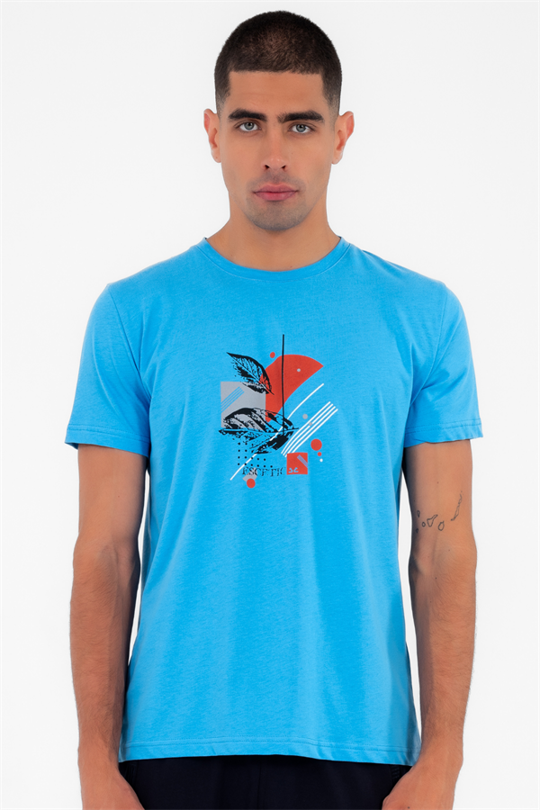 Escetic Erkek Mavi Spor Simit Yaka Regular Kalıp Nefes Alabilen %100 Pamuk Süprem Kumaş T-Shirt 0999