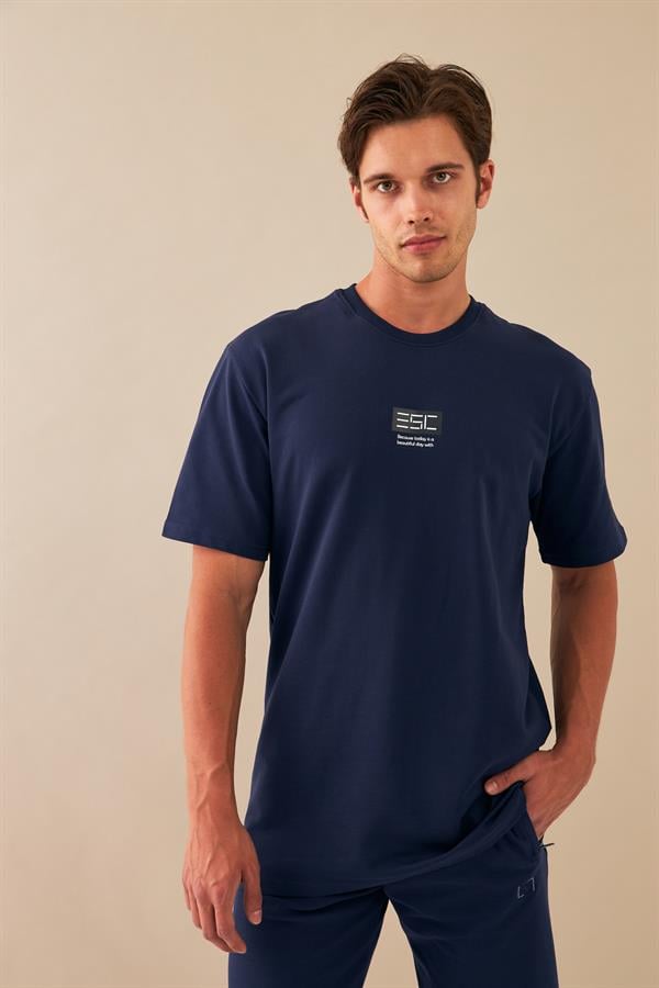 Escetic Erkek Royal Spor Baskılı O Yaka Nefes Alan %100 Pamuklu Kumaş Oversize T-Shirt T0070