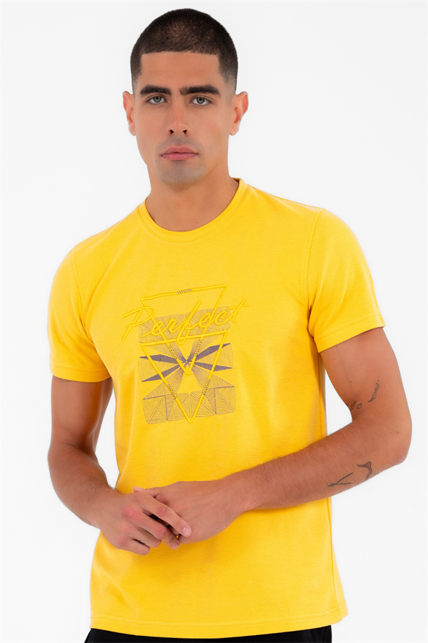 Escetic Erkek Sarı Spor O Yaka Slimfit Nefes Alan ABD Pike Pamuklu Kumaş T-Shirt T0013
