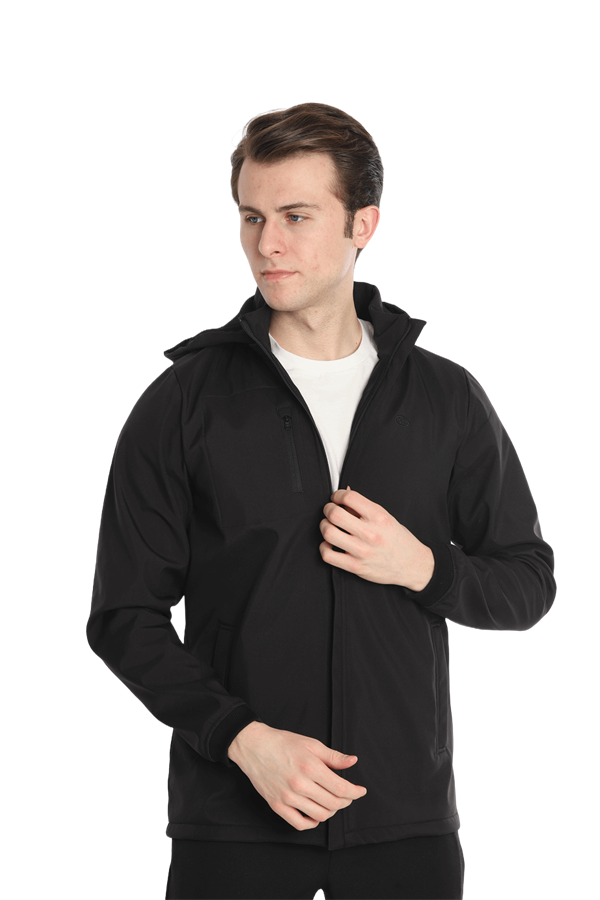 Escetic Erkek Siyah Çıkarılabilir Kapüşonlu File Astarlı 3 Cepli Su İtici Rüzgar Geçirmez Softshell Spor Mont 7090