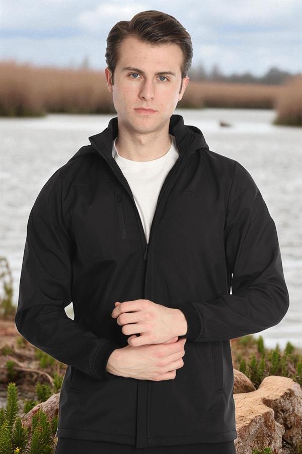 Escetic Erkek Siyah Çıkarılabilir Kapüşonlu File Astarlı 3 Cepli Su İtici Rüzgar Geçirmez Softshell Spor Mont 7090