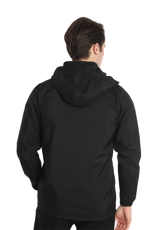 Escetic Erkek Siyah Çıkarılabilir Kapüşonlu File Astarlı 3 Cepli Su İtici Rüzgar Geçirmez Softshell Spor Mont 7090
