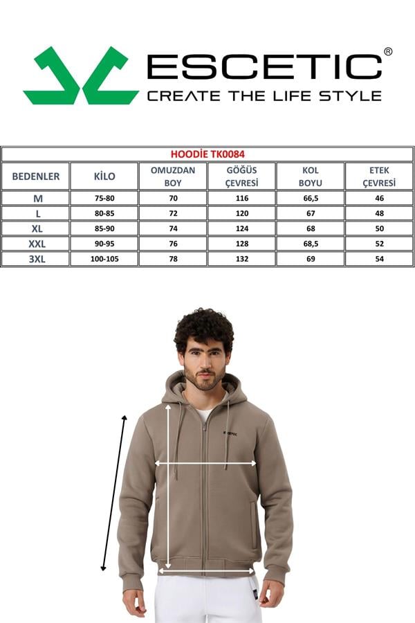 Escetic Erkek Siyah İçi Polarlı Kalın 3 İplik Casual Kalıp Erkek Sweatshirt Hoodie TK0084