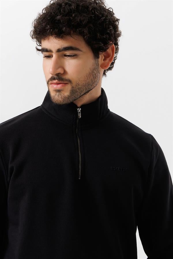 Escetic Erkek Siyah Kalın Polarlı Slimfit Kışlık Sweatshirt T0120