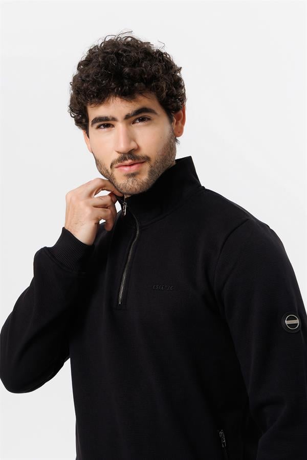 Escetic Erkek Siyah Kalın Polarlı Slimfit Kışlık Sweatshirt T0120
