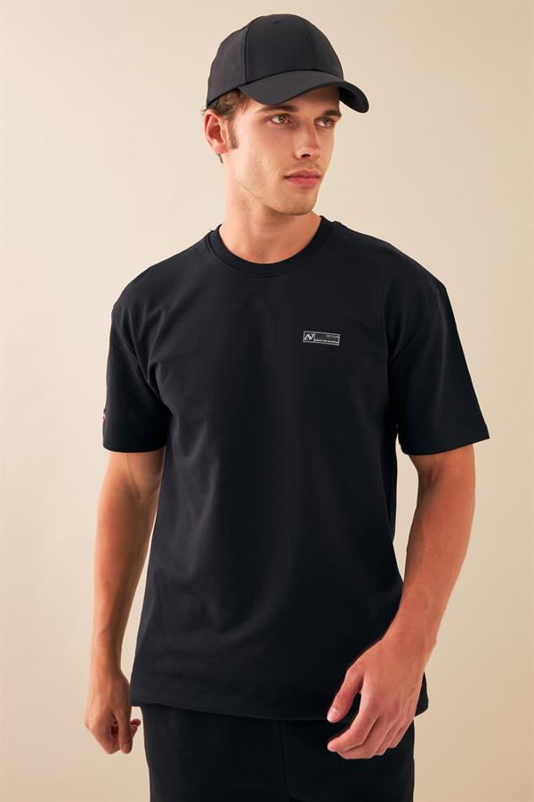 Escetic Erkek Siyah Spor Baskılı O Yaka Nefes Alan %100 Pamuklu Kumaş Oversize T-Shirt T0089