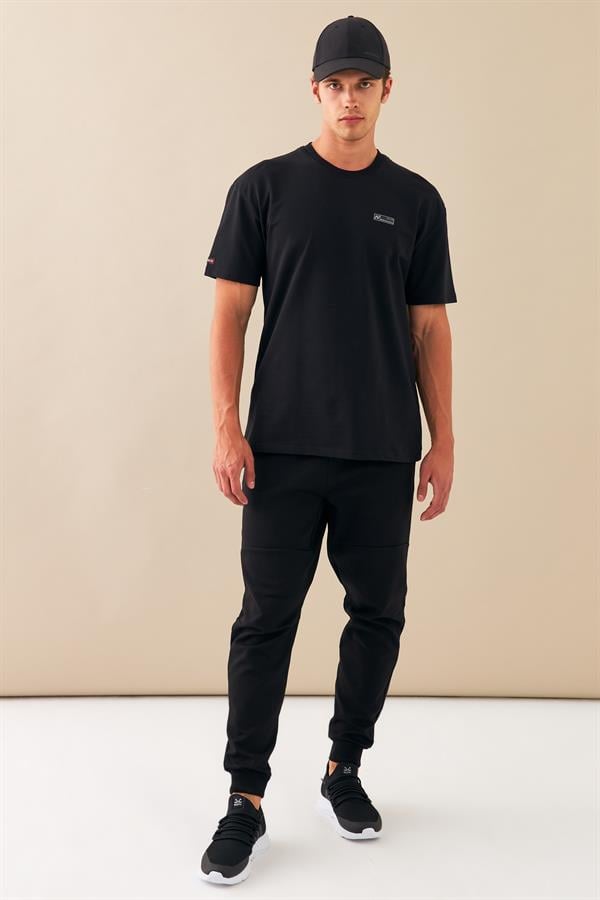 Escetic Erkek Siyah Spor Baskılı O Yaka Nefes Alan %100 Pamuklu Kumaş Oversize T-Shirt T0089