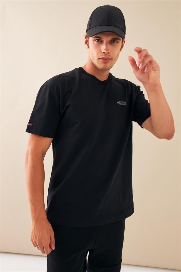 Escetic Erkek Siyah Spor Baskılı O Yaka Nefes Alan %100 Pamuklu Kumaş Oversize T-Shirt T0089