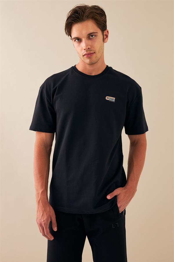 Escetic Erkek Siyah Spor O Yaka Oversize Nefes Alan %100 Pamuklu Kumaş T-Shirt T0090