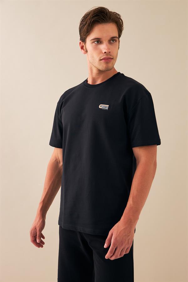 Escetic Erkek Siyah Spor O Yaka Oversize Nefes Alan %100 Pamuklu Kumaş T-Shirt T0090