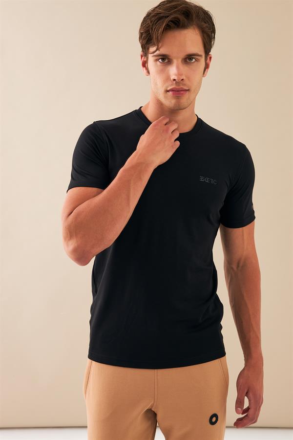 Escetic Erkek Siyah Spor Sıfır Yaka Nefes Alan Merserize Pamuk Kumaş Slimfit T-Shirt T0095