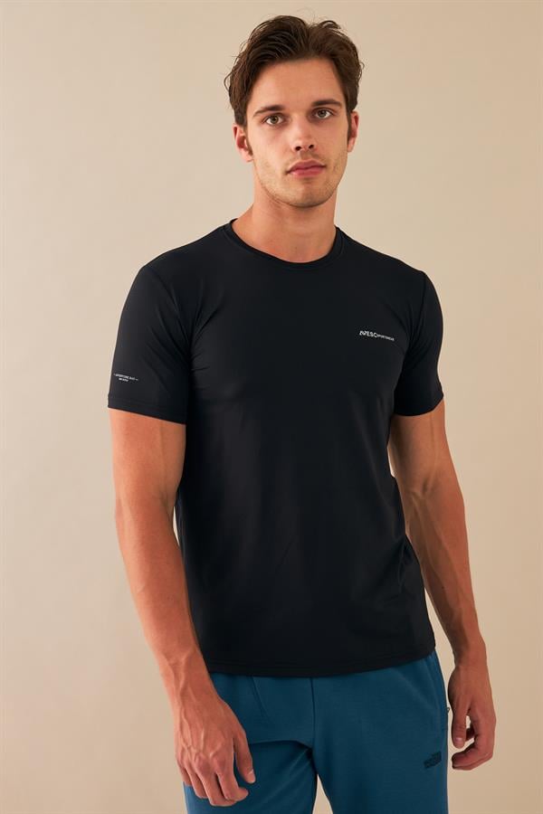 Escetic Erkek Siyah Spor Sıfır Yaka Nefes Alan Mini Jakar Kumaş Slimfit T-Shirt T0087