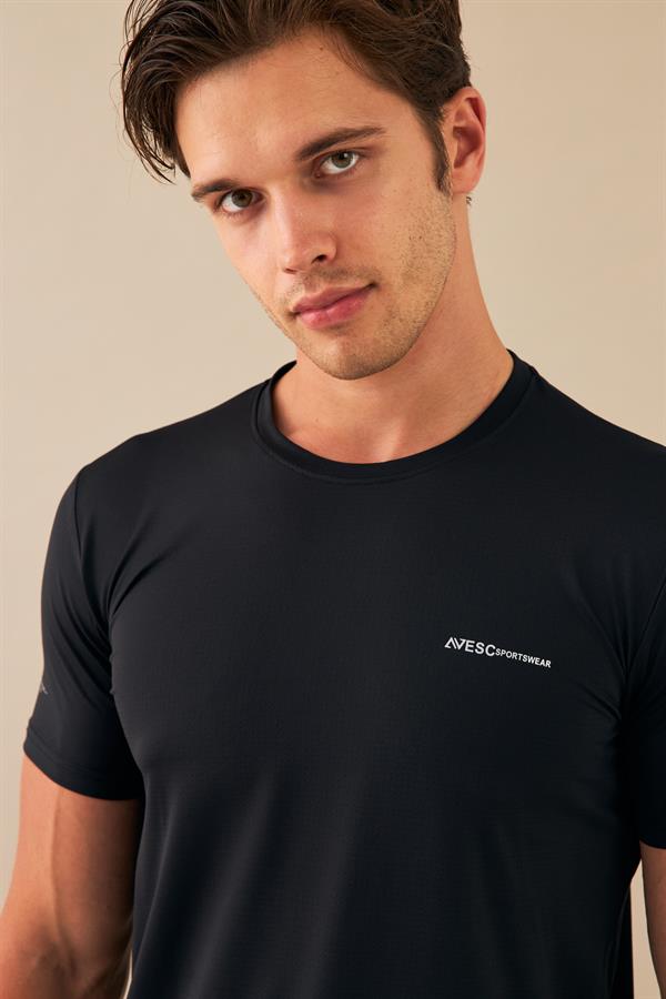 Escetic Erkek Siyah Spor Sıfır Yaka Nefes Alan Mini Jakar Kumaş Slimfit T-Shirt T0087