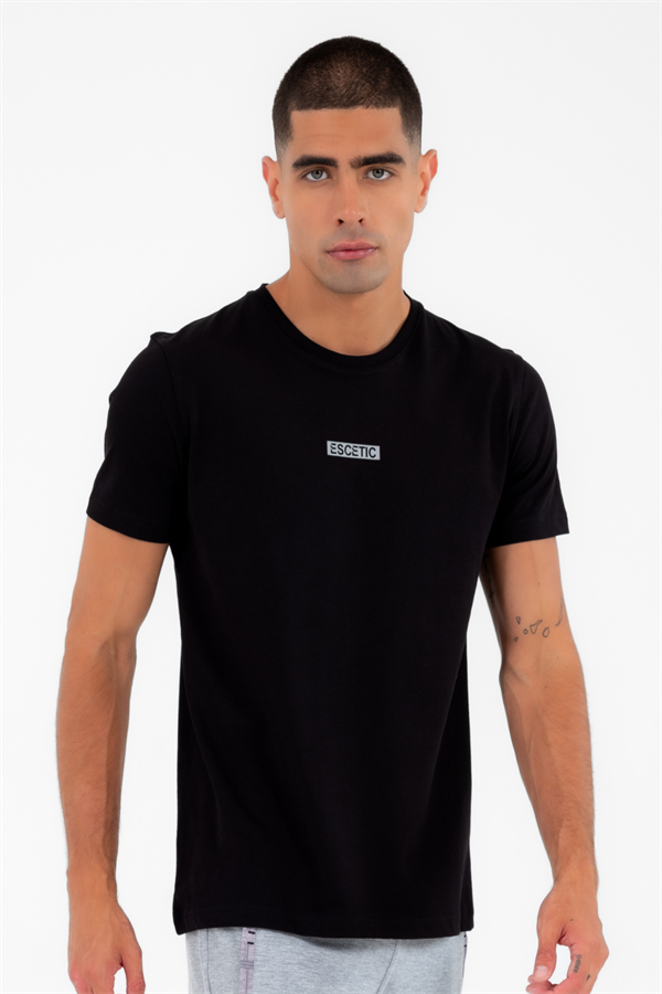 Escetic Erkek Siyah Spor Simit Yaka Slimfit  Nefes Alabilen %100 Pamuk Süprem Kumaş T-Shirt 0994