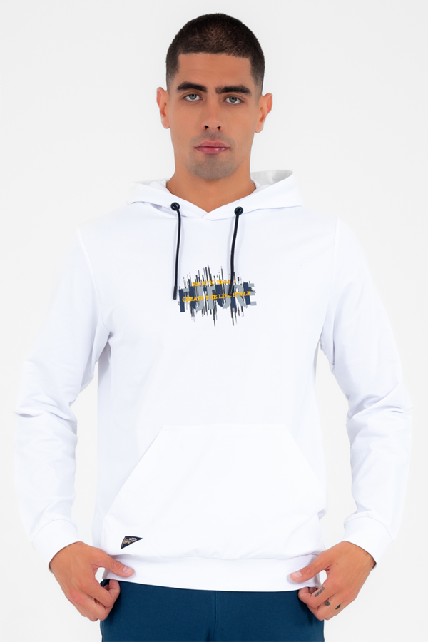 Escetic Erkek Slimfit Beyaz Cepli, 2 İplik Kapüşonlu Spor Sweatshirt 0949