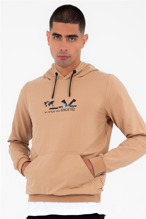 Escetic Erkek Slimfit Koyu Vizon Cepli, 2 İplik Kapüşonlu Spor Sweatshirt 0950