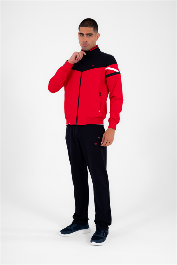 Erkek Kırmızı Rahat Kalıp 4 Cepli Dik Yaka 4 Mevsim Süper 2 İplik Spor Eşofman Takımı 6482