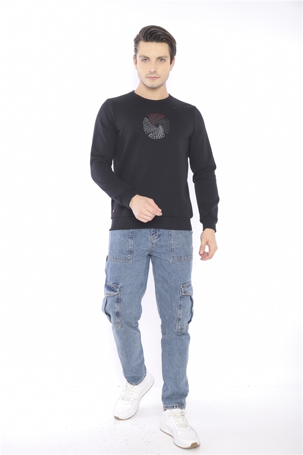 Escetic Siyah Erkek Kışlık Slimfit 3 İplik İçi Polarlı Nefes Alabilen Spor Sweatshirt 0939