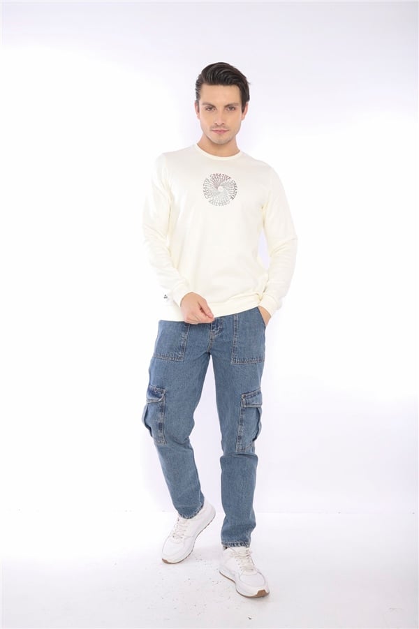 Escetic Ekru Erkek Kışlık Slimfit 3 İplik İçi Polarlı Nefes Alabilen Spor Sweatshirt 0939