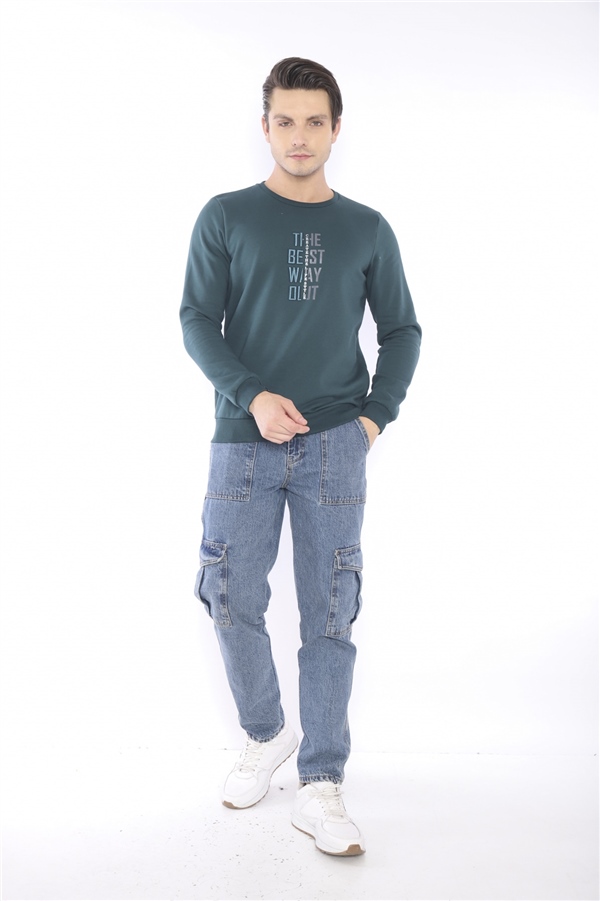 Escetic Yeşil Erkek Kışlık Slimfit 3 İplik İçi Polarlı Nefes Alabilen Spor Sweatshirt 0940