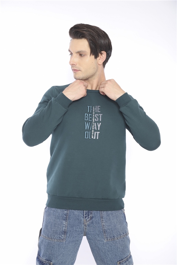 Escetic Yeşil Erkek Kışlık Slimfit 3 İplik İçi Polarlı Nefes Alabilen Spor Sweatshirt 0940