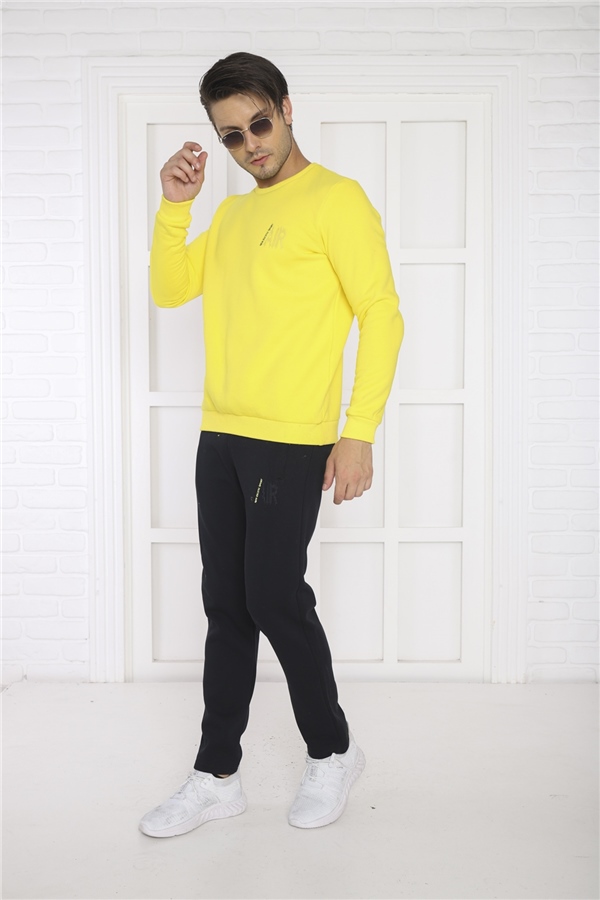 Escetic Sarı Erkek 3 İplik Şardonlu Nefes Alan Slimfit Sweat Spor Eşofman Takımı 3078