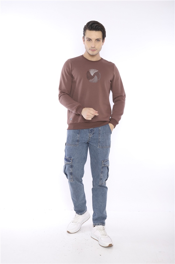 Escetic Kahve Erkek Kışlık Slimfit 3 İplik İçi Polarlı Nefes Alabilen Spor Sweatshirt 0939