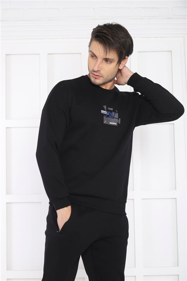 Escetic Siyah Erkek 3 İplik Şardonlu Nefes Alan Slimfit Sweat Spor Eşofman Takımı 3079