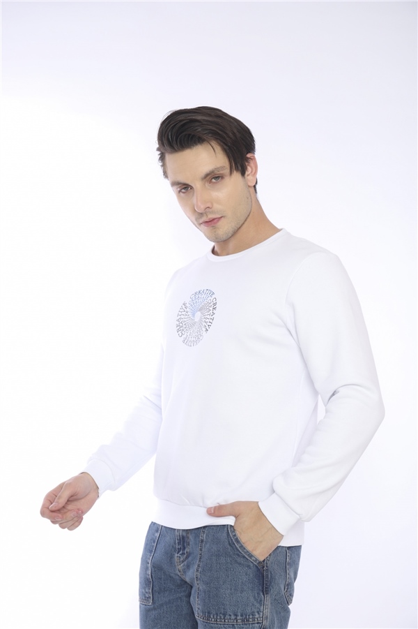 Escetic Beyaz Erkek Kışlık Slimfit 3 İplik İçi Polarlı Nefes Alabilen Spor Sweatshirt 0939