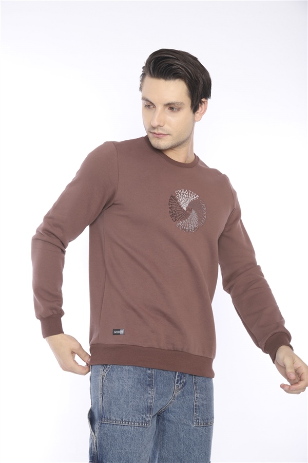 Escetic Kahve Erkek Kışlık Slimfit 3 İplik İçi Polarlı Nefes Alabilen Spor Sweatshirt 0939