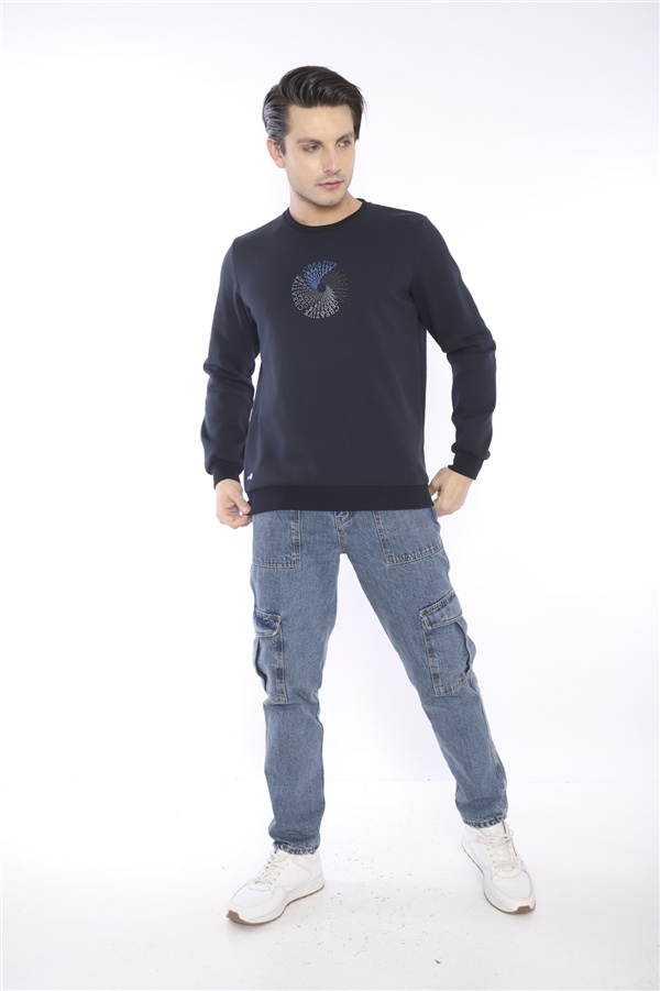 Escetic Lacivert Erkek Kışlık Slimfit 3 İplik İçi Polarlı Nefes Alabilen Spor Sweatshirt 0939