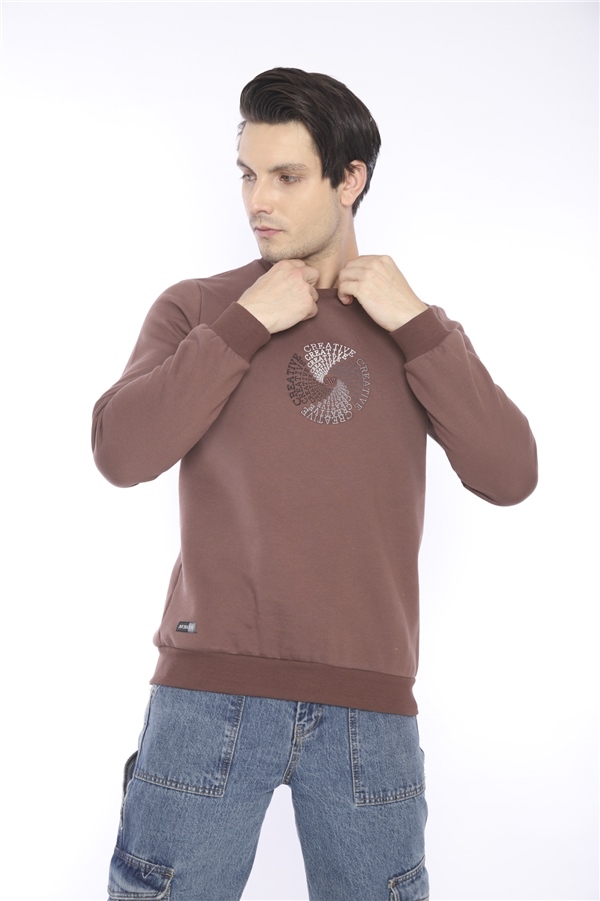Escetic Kahve Erkek Kışlık Slimfit 3 İplik İçi Polarlı Nefes Alabilen Spor Sweatshirt 0939