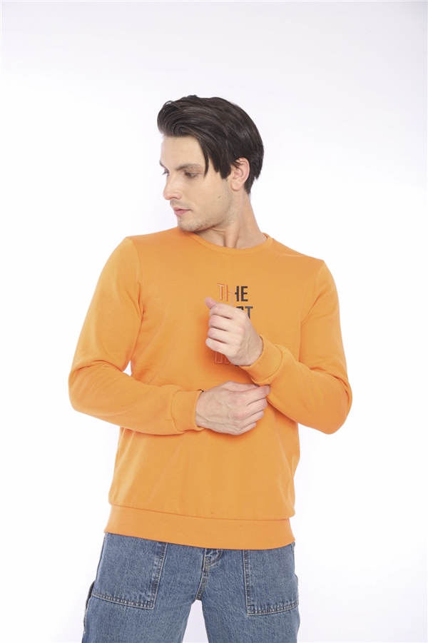 Escetic Oranj Erkek Kışlık Slimfit 3 İplik İçi Polarlı Nefes Alabilen Spor Sweatshirt 0940