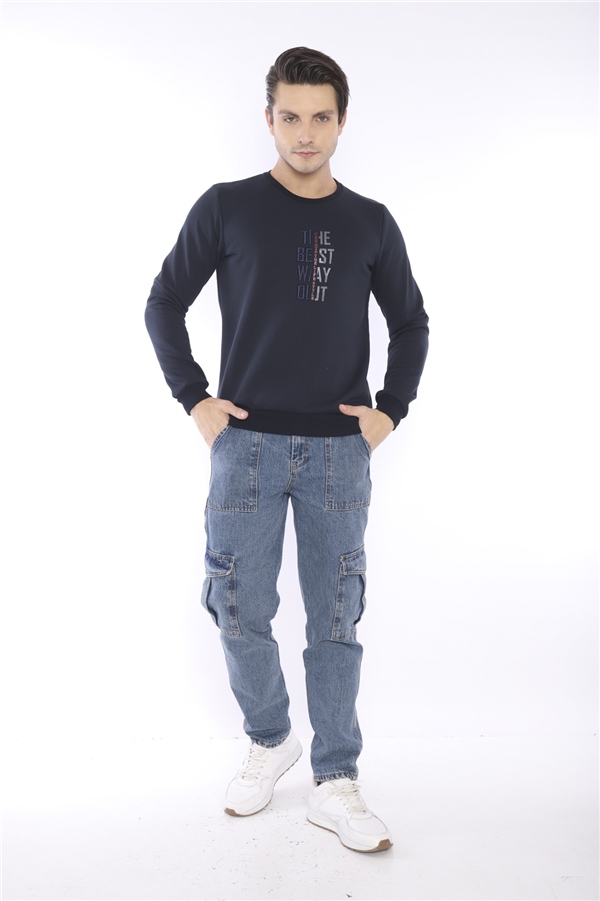 Escetic Lacivert Erkek Kışlık Slimfit 3 İplik İçi Polarlı Nefes Alabilen Spor Sweatshirt 0940