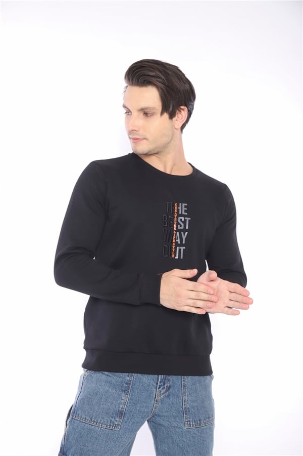 Escetic Siyah Erkek Kışlık Slimfit 3 İplik İçi Polarlı Nefes Alabilen Spor Sweatshirt 0940