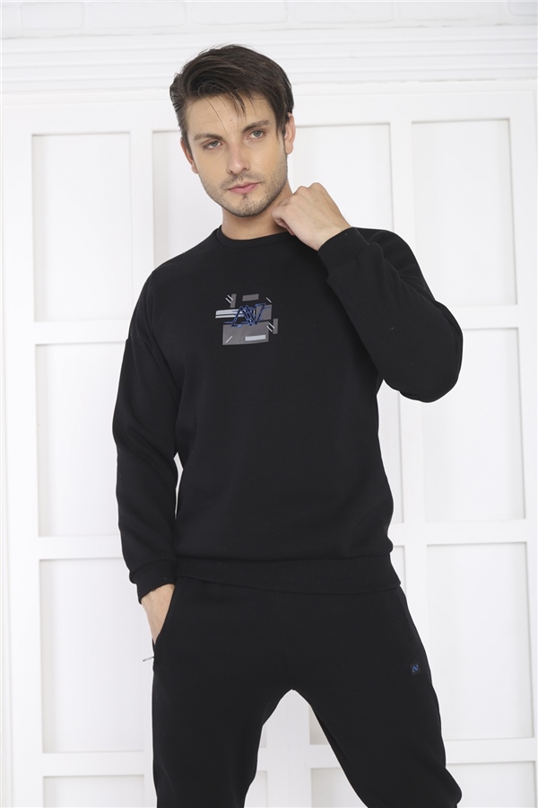 Escetic Siyah Erkek 3 İplik Şardonlu Nefes Alan Slimfit Sweat Spor Eşofman Takımı 3079