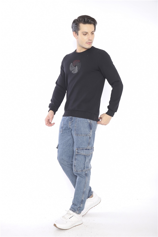 Escetic Siyah Erkek Kışlık Slimfit 3 İplik İçi Polarlı Nefes Alabilen Spor Sweatshirt 0939