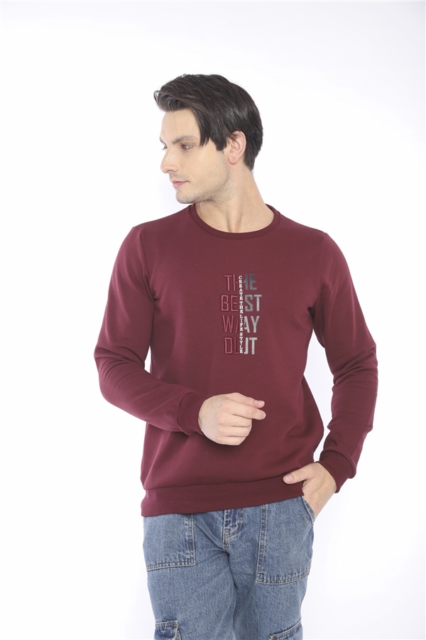Escetic Bordo Erkek Kışlık Slimfit 3 İplik İçi Polarlı Nefes Alabilen Spor Sweatshirt 0940