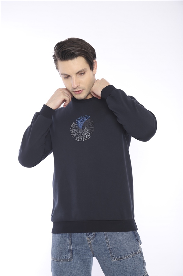 Escetic Lacivert Erkek Kışlık Slimfit 3 İplik İçi Polarlı Nefes Alabilen Spor Sweatshirt 0939