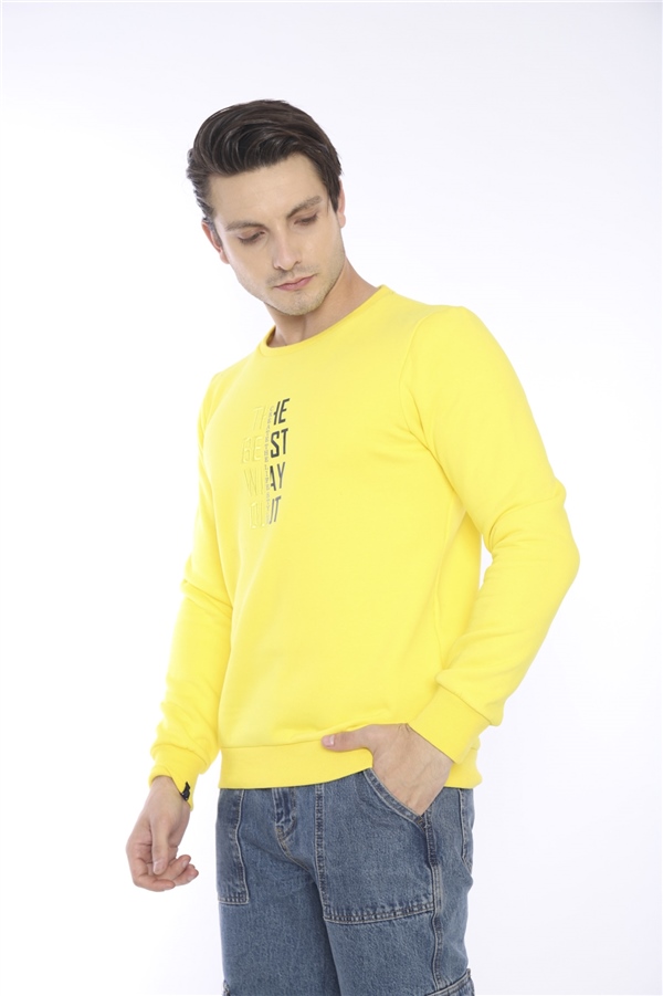 Escetic Sarı Erkek Kışlık Slimfit 3 İplik İçi Polarlı Nefes Alabilen Spor Sweatshirt 0940