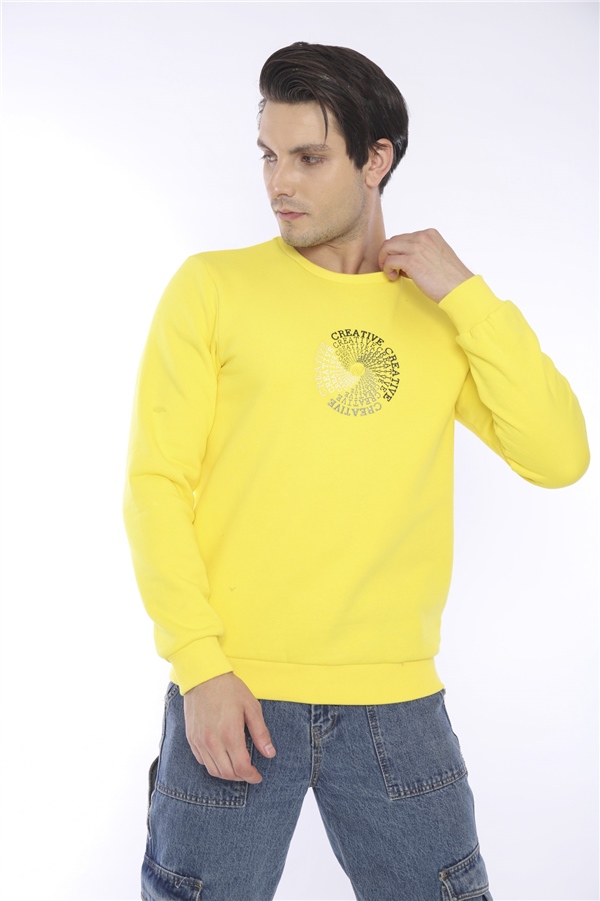 Escetic Sarı Erkek Kışlık Slimfit 3 İplik İçi Polarlı Nefes Alabilen Spor Sweatshirt 0939