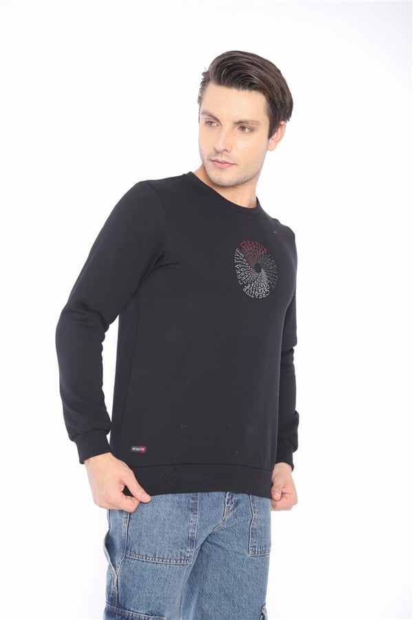 Escetic Siyah Erkek Kışlık Slimfit 3 İplik İçi Polarlı Nefes Alabilen Spor Sweatshirt 0939